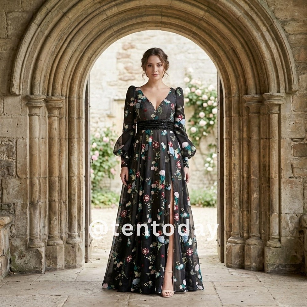 $798 Mac Duggal‎ Size 18 Black Floral Embroidery Beaded Long Maxi Dress Gown